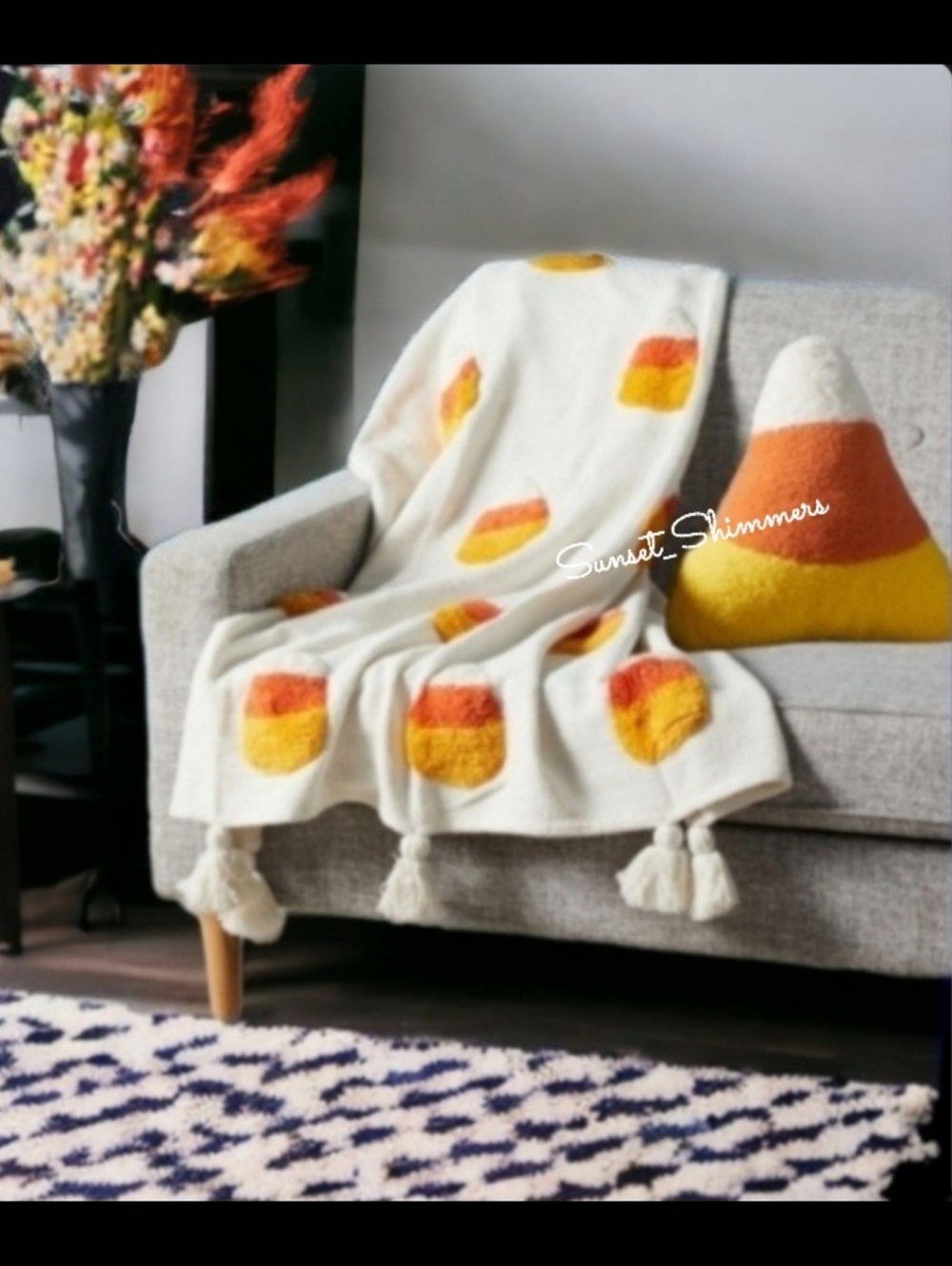 2pc Candy Corn Decorative Tassel Blanket & Sherpa Throw Pillow Set Halloween New